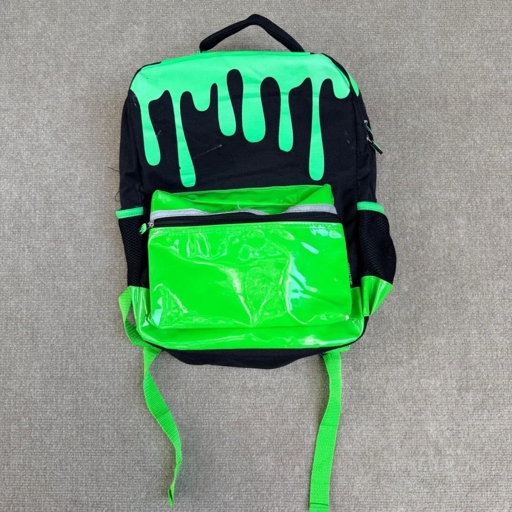 Nickelodeon Slime Backpack Neon Green Drip Black School Bag Vinyl Pocket